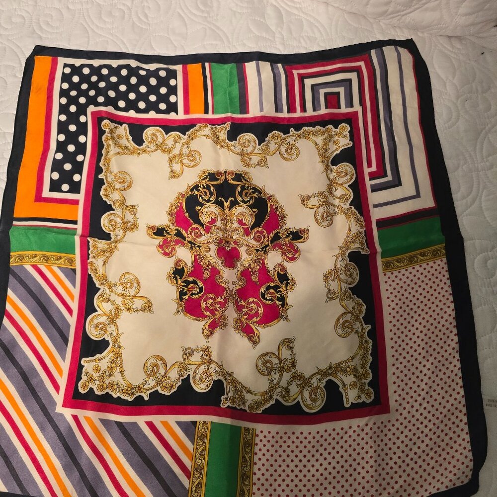 Luxury 100% Silk Baroque Scarf 20x20 Gold Red Black Cream - Designer Style